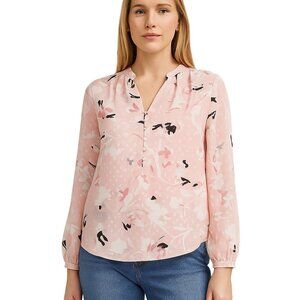 2/$30 White House Black Market Top Floral Chiffon Henley Blouse Pink 4P #A0403